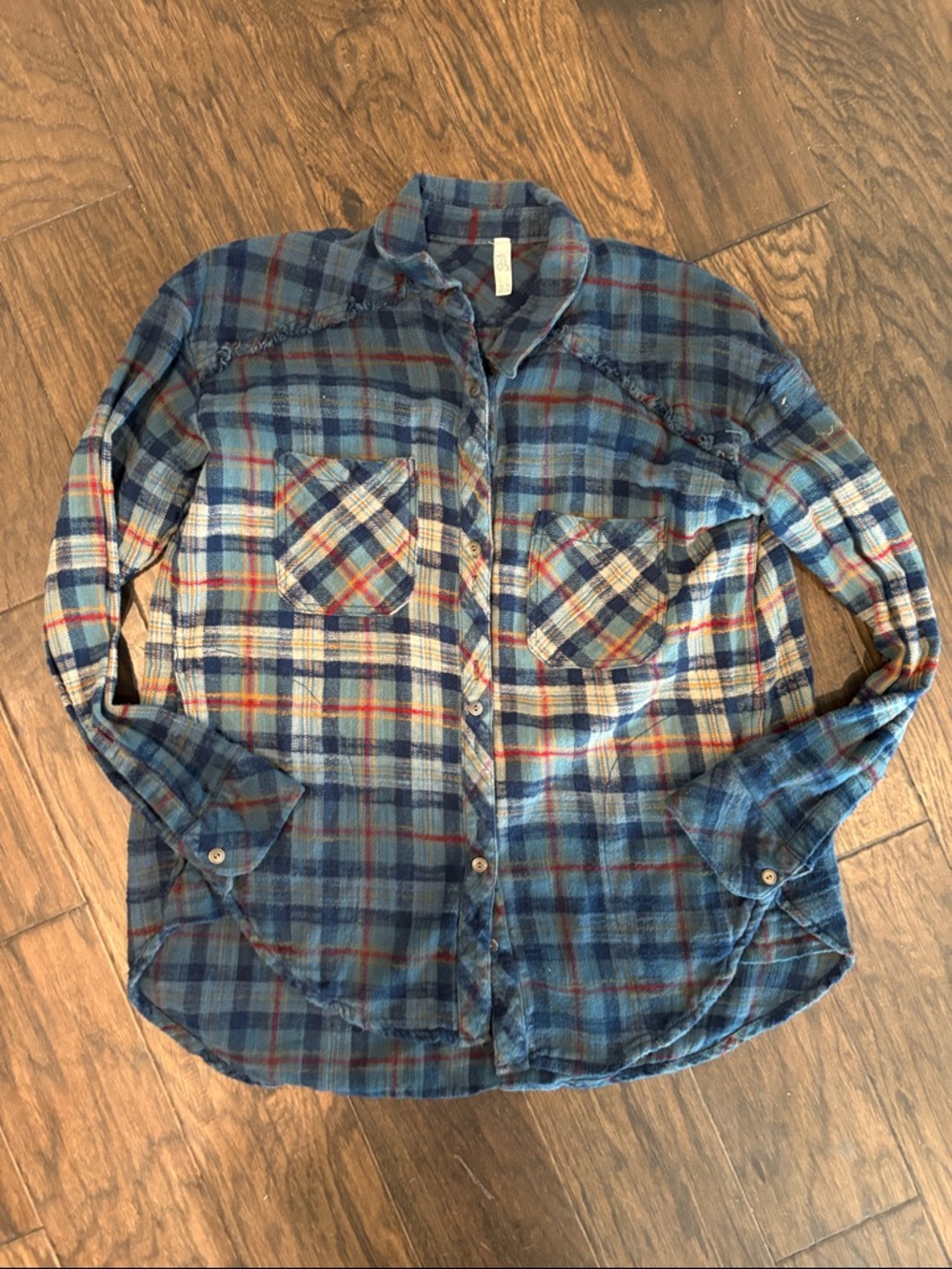 Free People Blue Plaid Button-Up with Red Accent